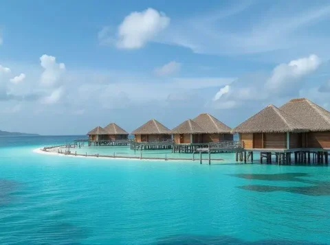 Luxury overwater villas surrounded by crystal-clear blue ocean and coral reefs in the Maldives.