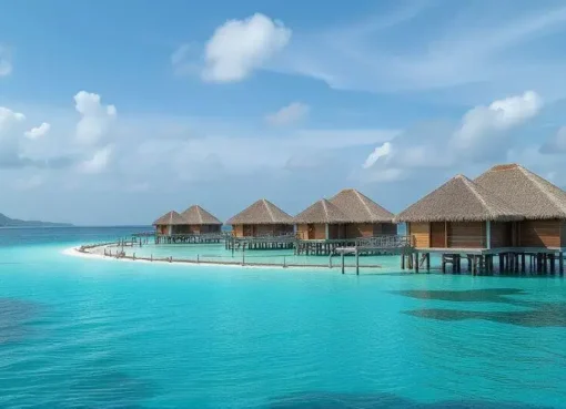 Luxury overwater villas surrounded by crystal-clear blue ocean and coral reefs in the Maldives.