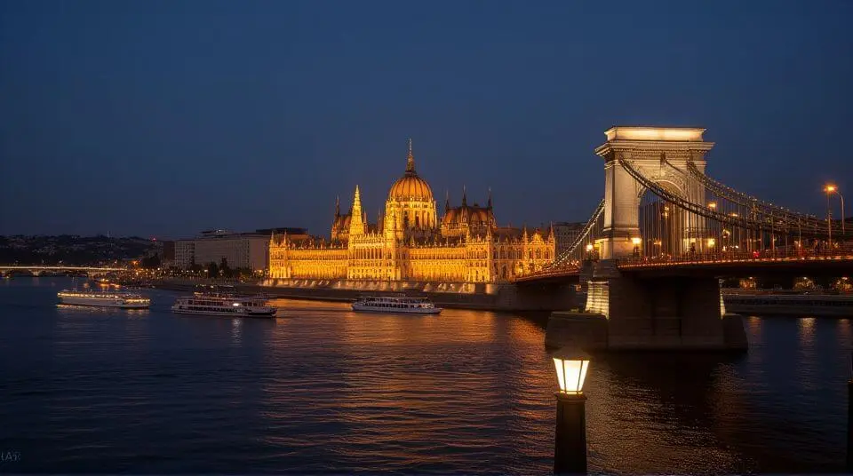 Scenic night view of Budapest’s Parliament Building lit up along the Danube River with Chain Bridge glowing under the evening sky.