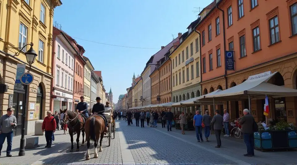 Historic Old Town square in Kraków with cobblestone streets, colorful medieval buildings, and horse-drawn carriages.