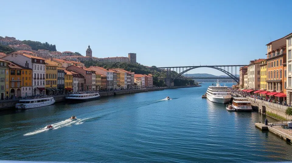 Vibrant riverside houses along Porto’s Douro River with wine boats and bridges framed by golden hour lighting.