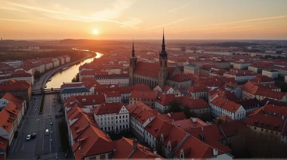 Aerial view of Riga’s red-roofed Old Town with gothic church spires and the Daugava River in the background.