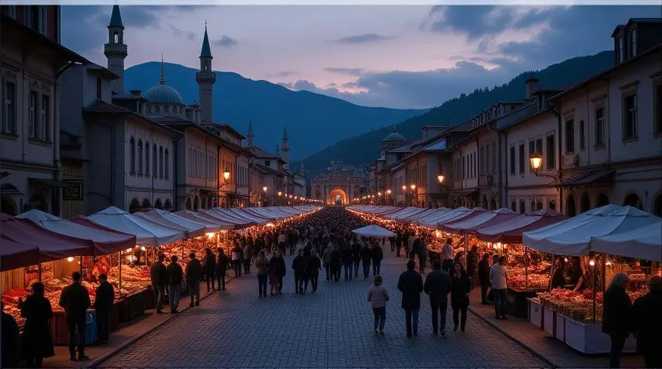 Bustling bazaar street in Sarajevo’s Bascarsija quarter with Ottoman-style shops, mosque minarets, and distant green hills.