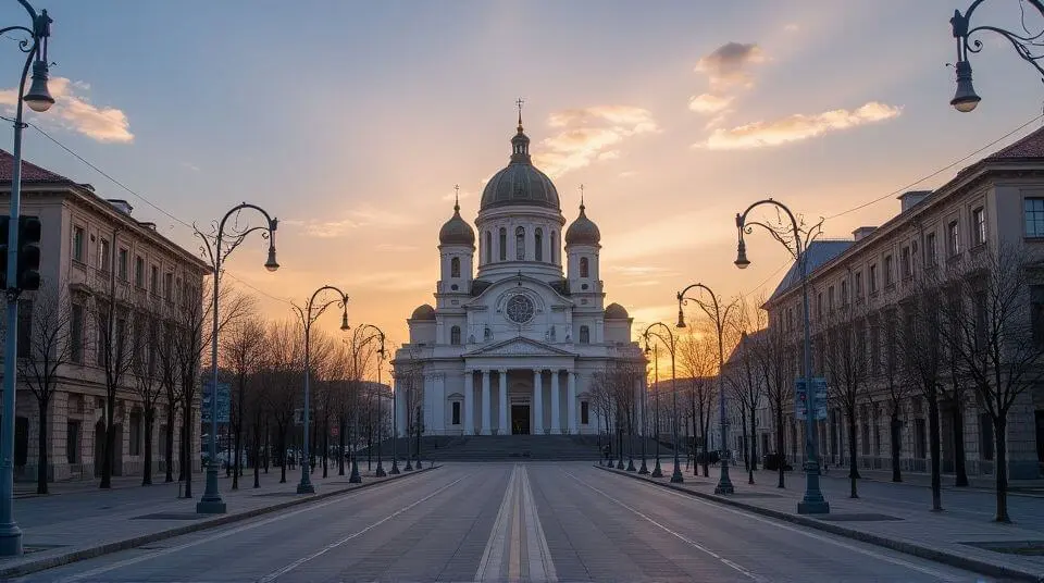 Wide-angle shot of Alexander Nevsky Cathedral in Sofia with golden domes and grand arches under a dramatic sunset sky.