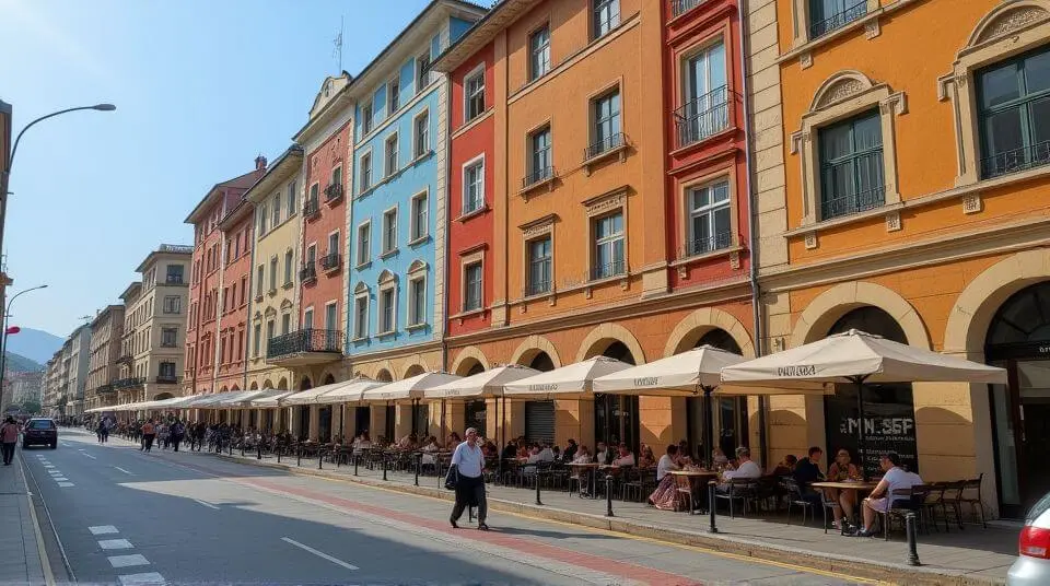 Colorfully painted buildings and cheerful street scenes in Tirana’s central square with cafes and walking locals.