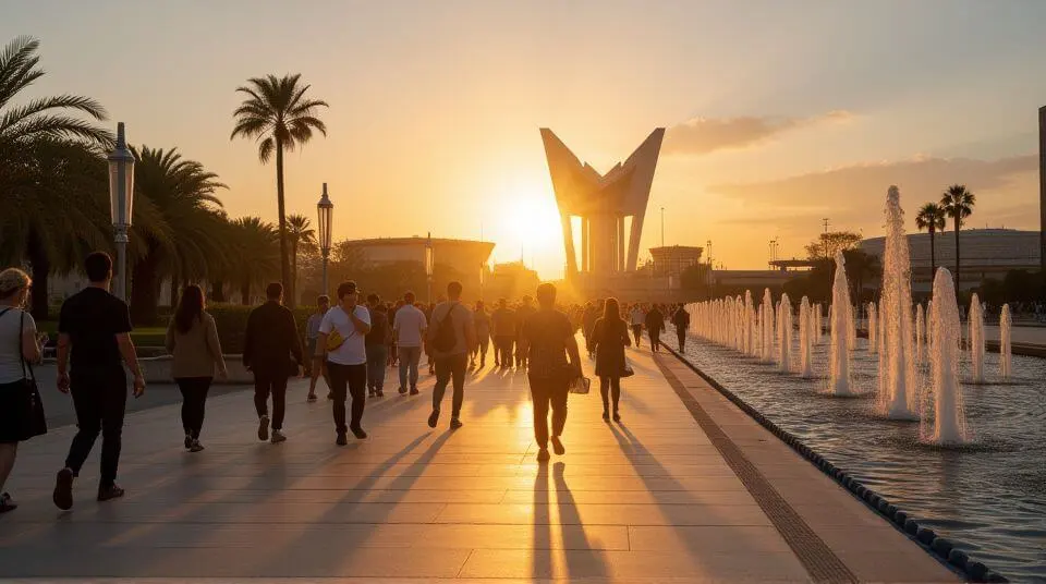 Modern architecture at the City of Arts and Sciences in Valencia, surrounded by water features, palm trees, and sunny skies.