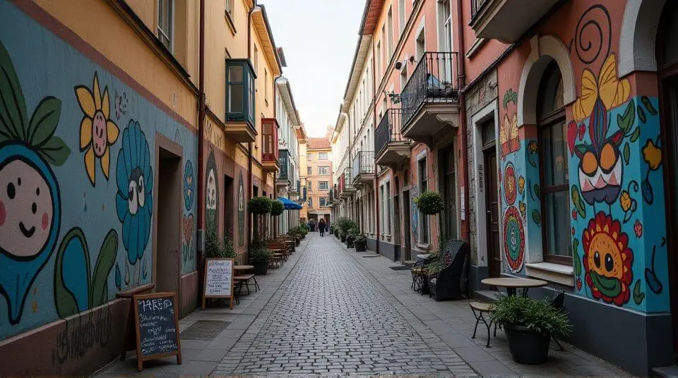 Artsy street in Vilnius’s Užupis district with colorful murals, street lamps, and European cafes lining the narrow cobbled road.
