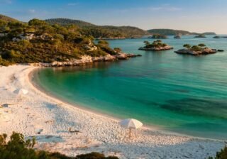 Turquoise beaches and tiny islets of the Albanian Riviera near Ksamil