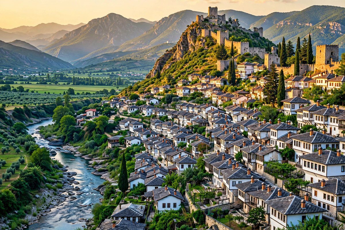 Ottoman-era houses of Berat old town cascading down the hillside below Berat Castle