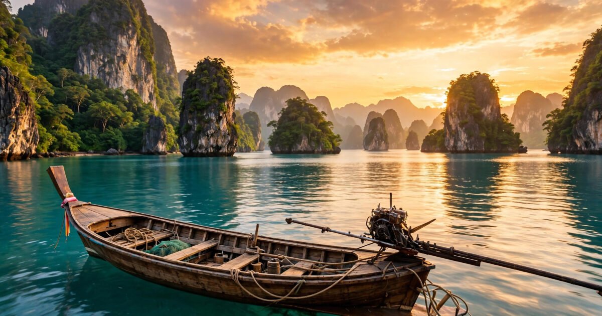 Sunset over a Southeast Asian seascape with limestone karsts and a longtail boat