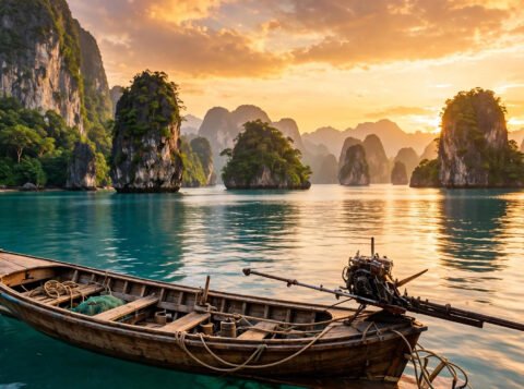 Sunset over a Southeast Asian seascape with limestone karsts and a longtail boat