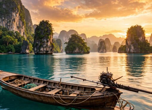 Sunset over a Southeast Asian seascape with limestone karsts and a longtail boat