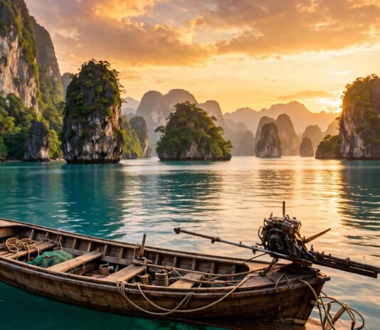 Sunset over a Southeast Asian seascape with limestone karsts and a longtail boat