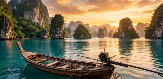 Sunset over a Southeast Asian seascape with limestone karsts and a longtail boat