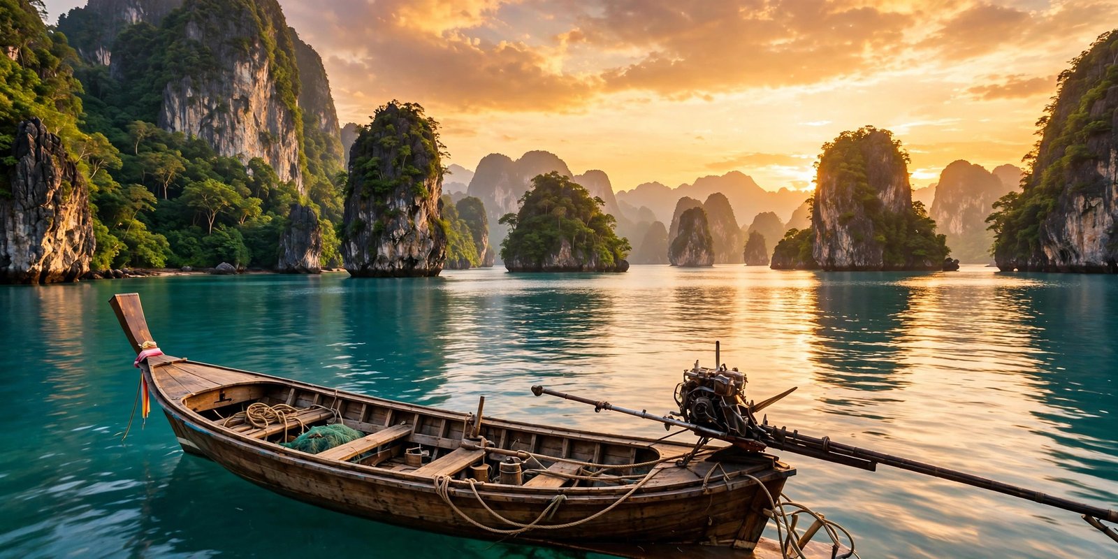 Sunset over a Southeast Asian seascape with limestone karsts and a longtail boat