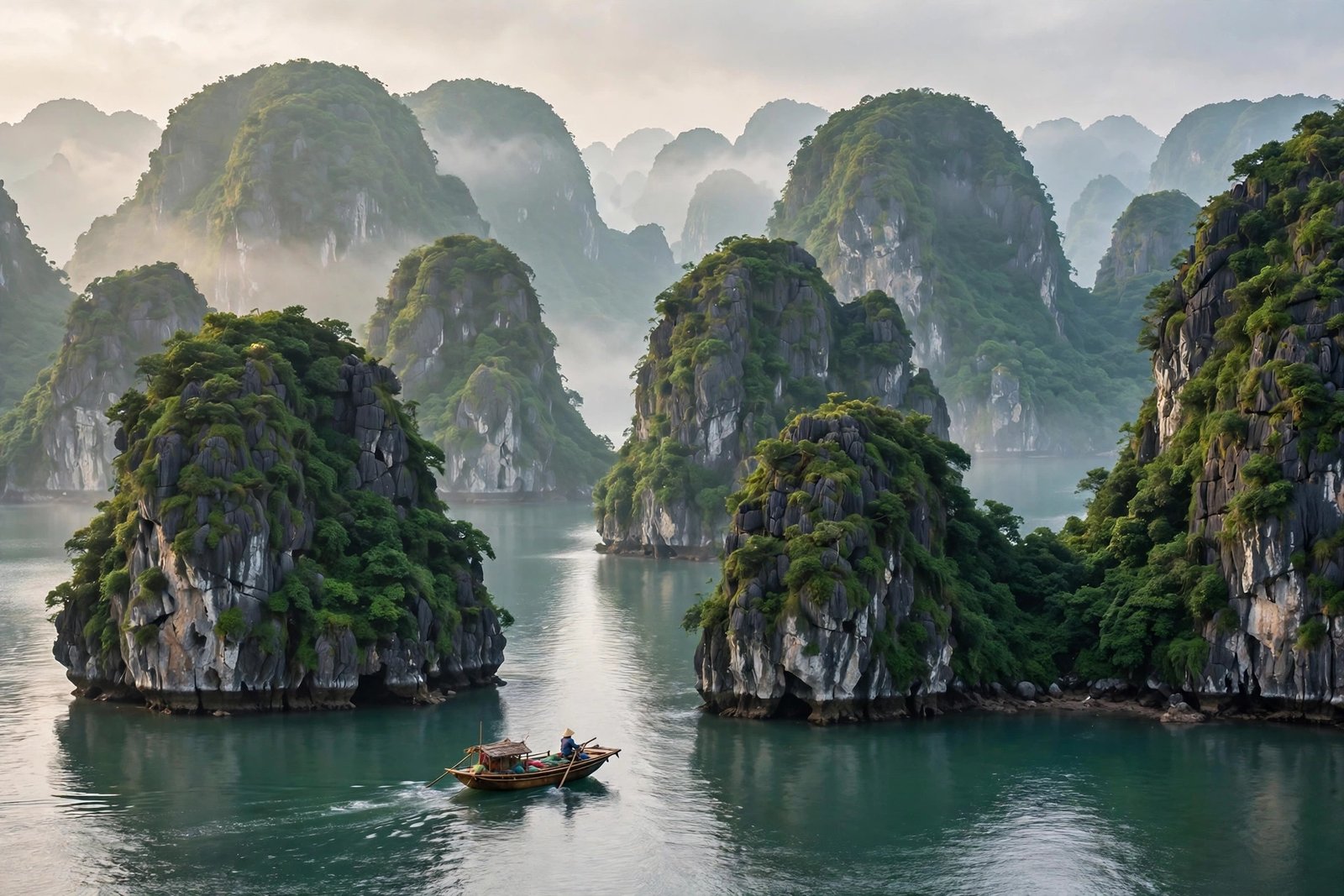 Ha Long Bay, Vietnam with limestone karst islands and a traditional wooden boat
