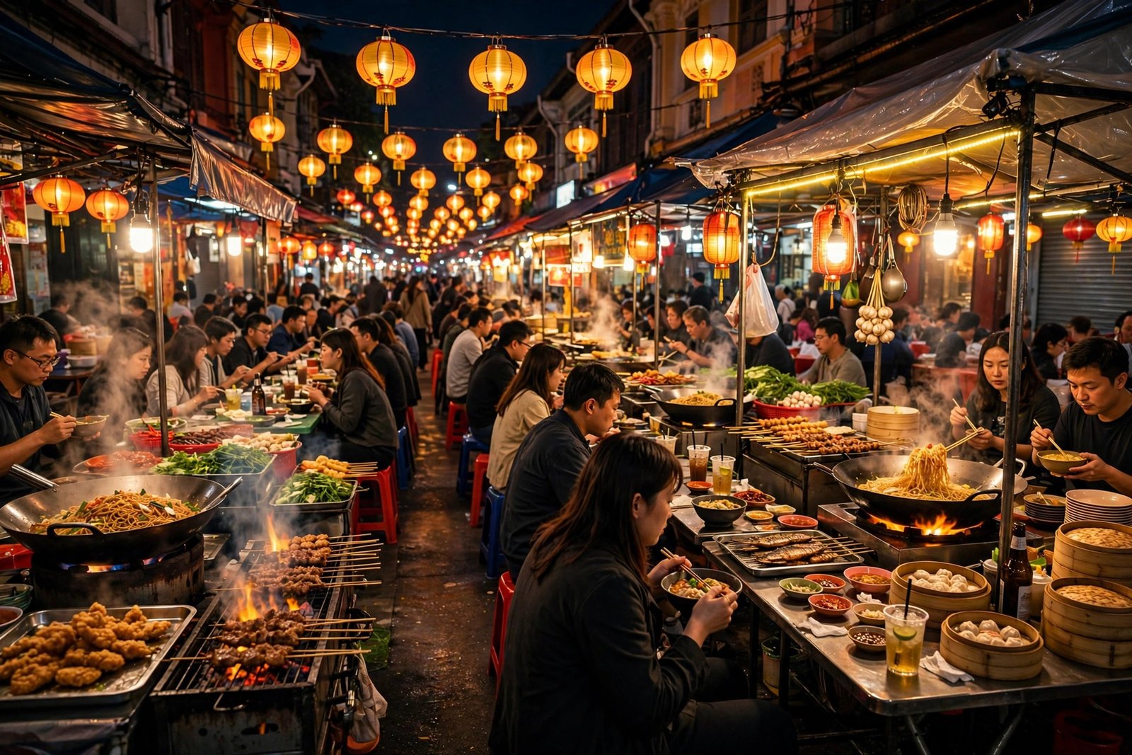 Vibrant Asian street-food night market with glowing food stalls and lanterns