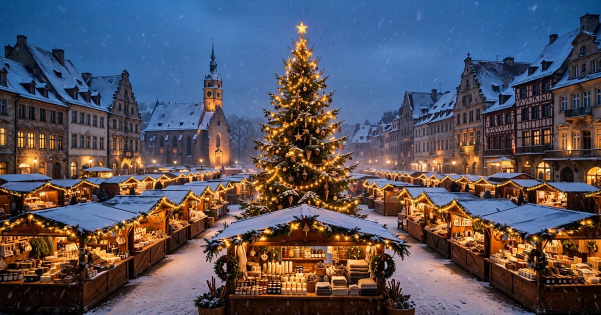 Snowy European Christmas market at dusk with glowing wooden stalls and festive lights