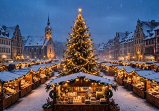 Snowy European Christmas market at dusk with glowing wooden stalls and festive lights
