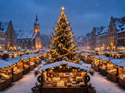 Snowy European Christmas market at dusk with glowing wooden stalls and festive lights