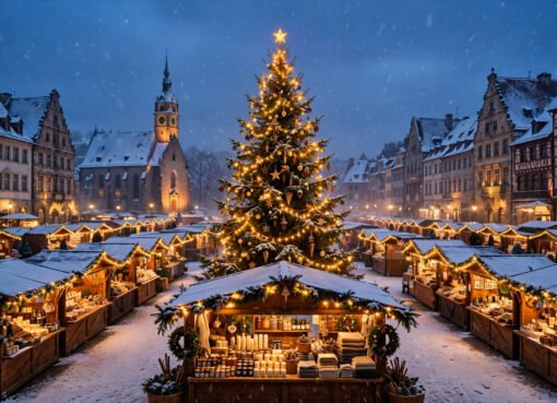 Snowy European Christmas market at dusk with glowing wooden stalls and festive lights