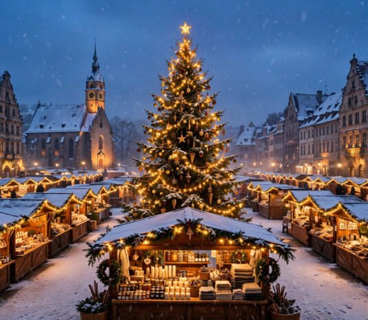 Snowy European Christmas market at dusk with glowing wooden stalls and festive lights