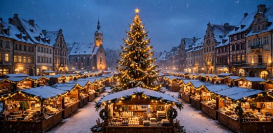 Snowy European Christmas market at dusk with glowing wooden stalls and festive lights