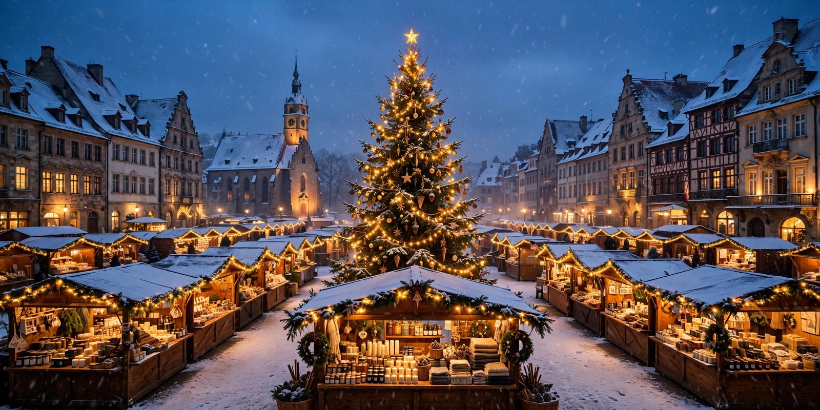 Snowy European Christmas market at dusk with glowing wooden stalls and festive lights