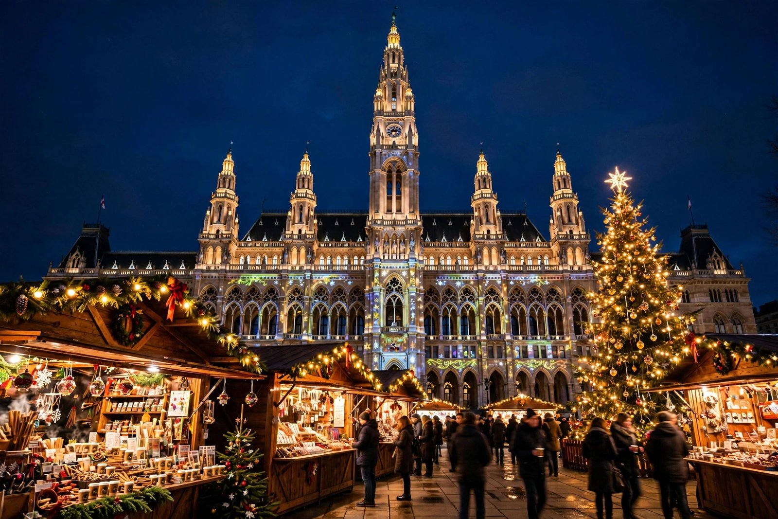 Vienna Christmas market in front of the illuminated neo-Gothic city hall at night