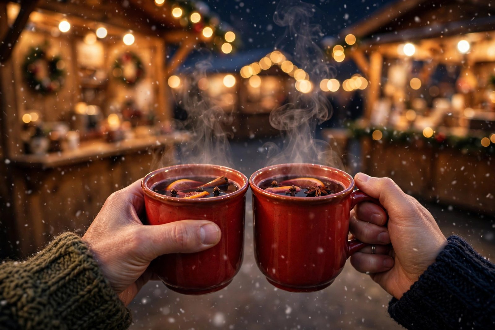 Hands holding steaming mugs of mulled wine at a European Christmas market at night