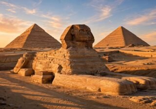Pyramids of Giza and the Great Sphinx at golden hour, Egypt