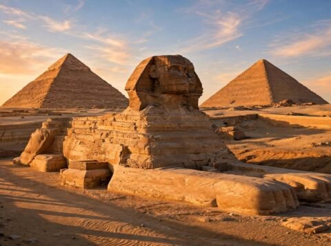 Pyramids of Giza and the Great Sphinx at golden hour, Egypt