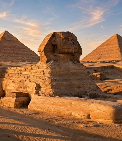 Pyramids of Giza and the Great Sphinx at golden hour, Egypt