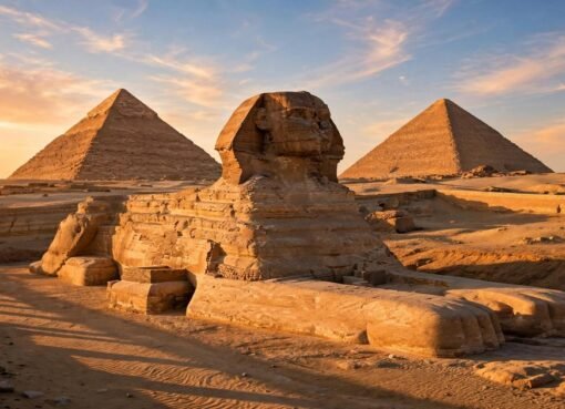 Pyramids of Giza and the Great Sphinx at golden hour, Egypt