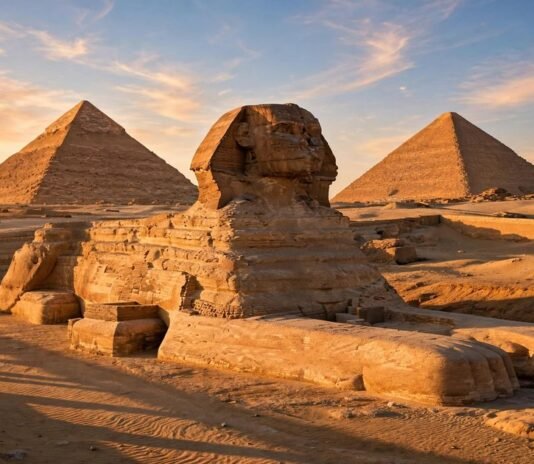 Pyramids of Giza and the Great Sphinx at golden hour, Egypt