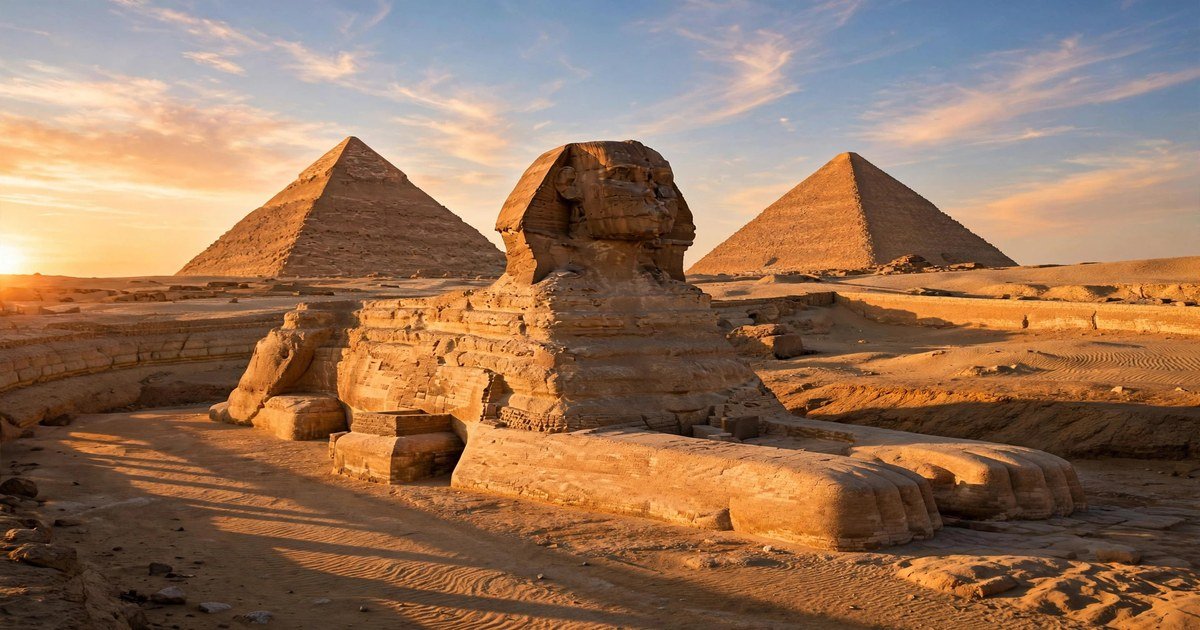 Pyramids of Giza and the Great Sphinx at golden hour, Egypt