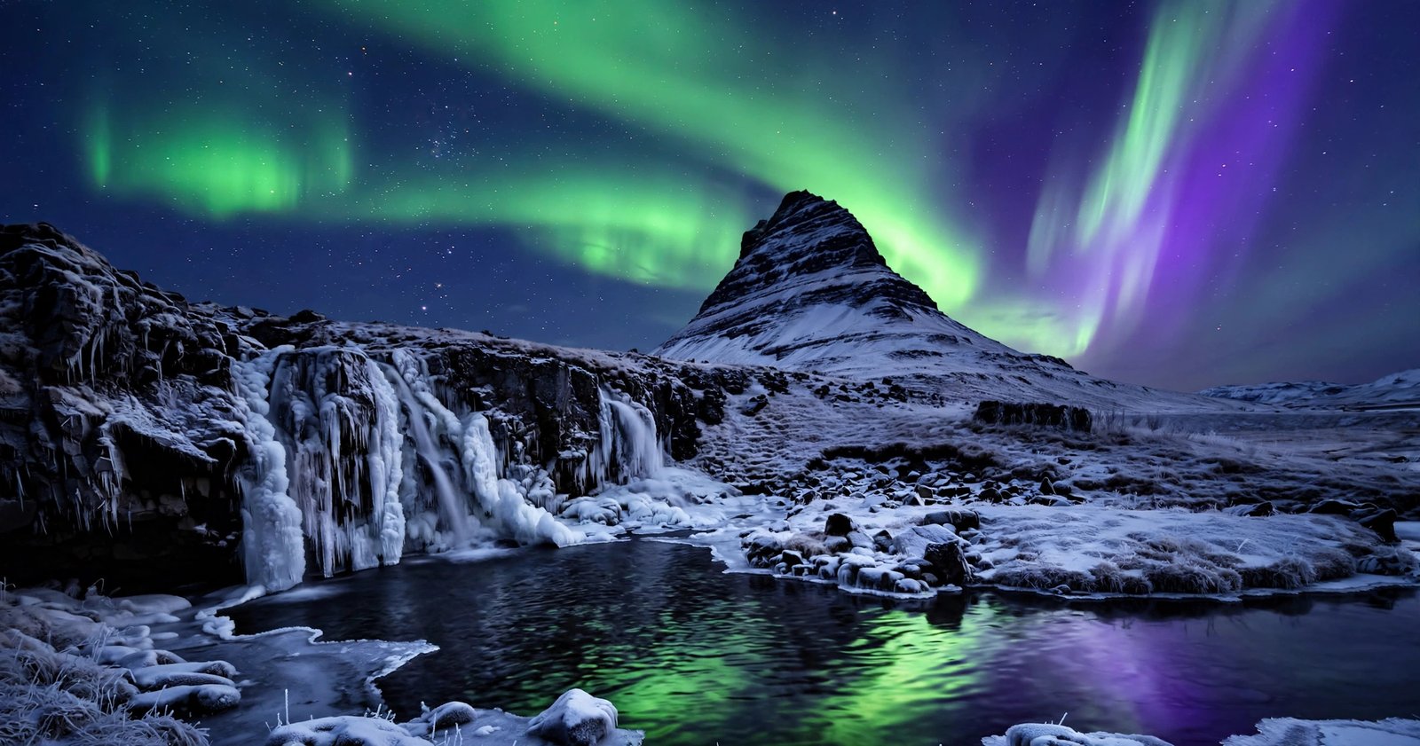 Northern lights dancing over a snow-covered Icelandic mountain and frozen waterfall at night