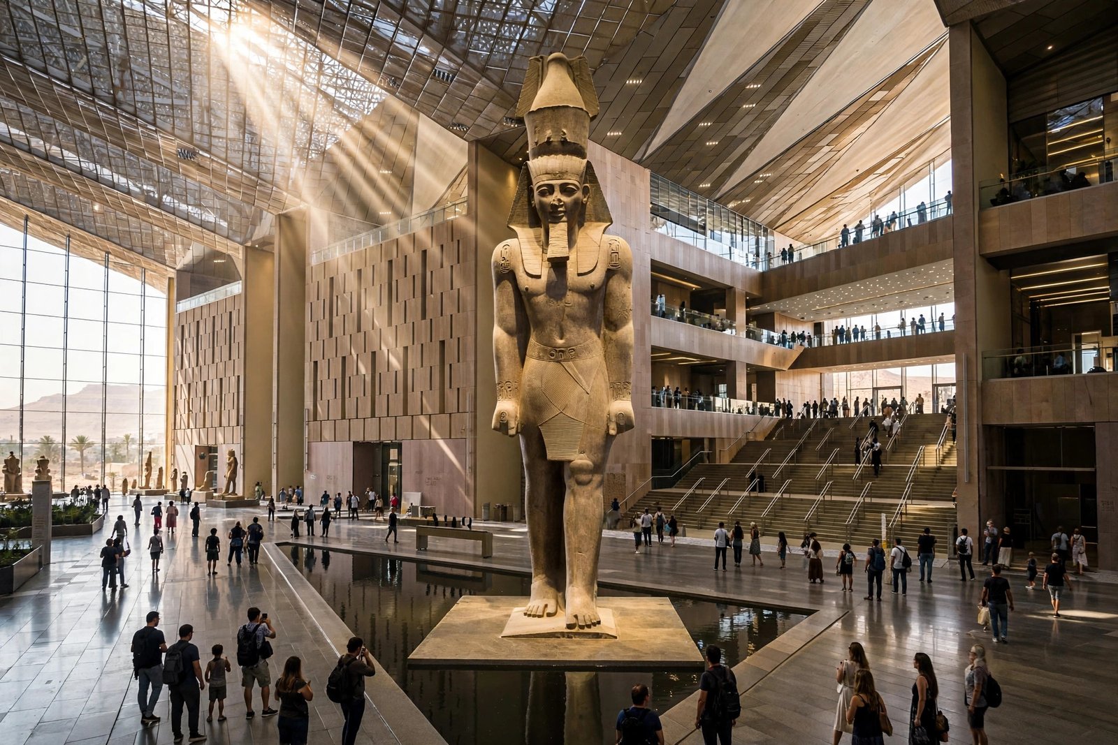 Grand atrium of the Grand Egyptian Museum with the colossal Ramses II statue under a glass canopy near Giza