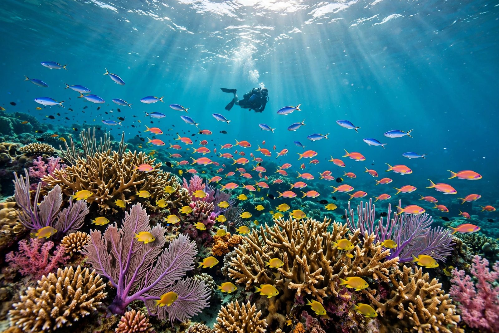 Scuba diver over a vibrant Red Sea coral reef with schools of colorful tropical fish