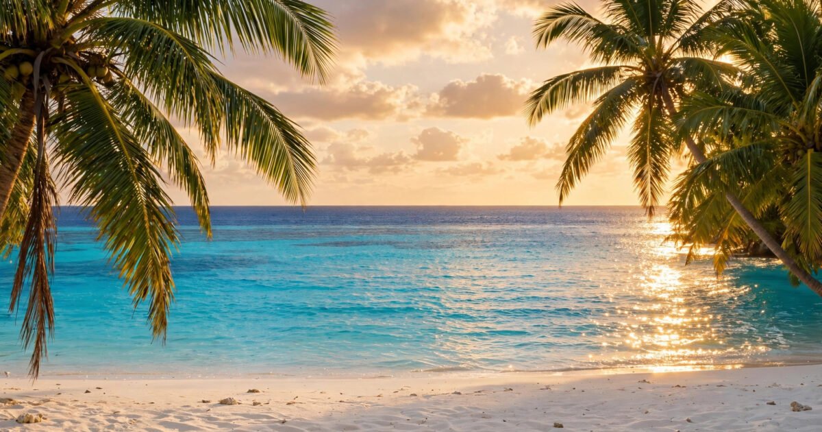 Tropical beach with palm trees and turquoise water glowing under warm November sunlight