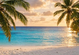 Tropical beach with palm trees and turquoise water glowing under warm November sunlight