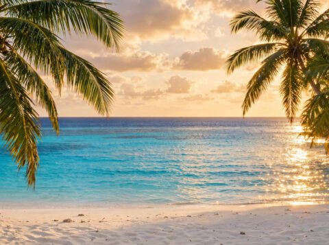 Tropical beach with palm trees and turquoise water glowing under warm November sunlight