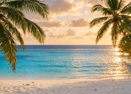 Tropical beach with palm trees and turquoise water glowing under warm November sunlight