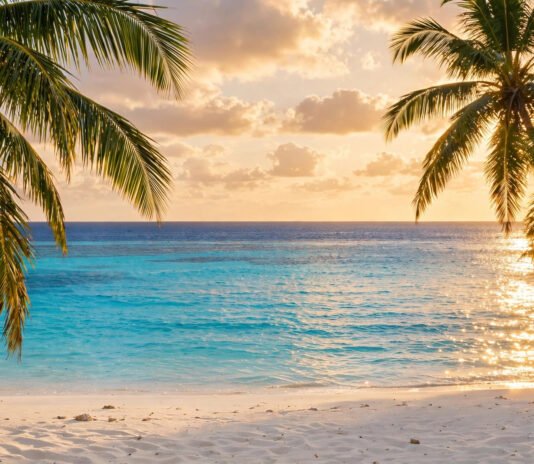 Tropical beach with palm trees and turquoise water glowing under warm November sunlight