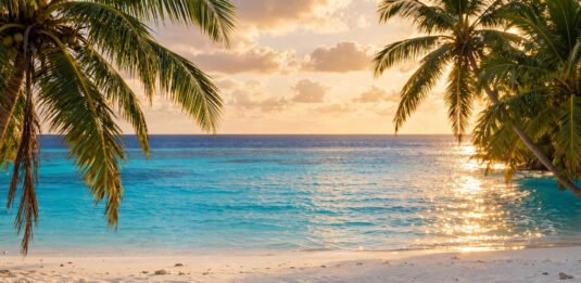 Tropical beach with palm trees and turquoise water glowing under warm November sunlight