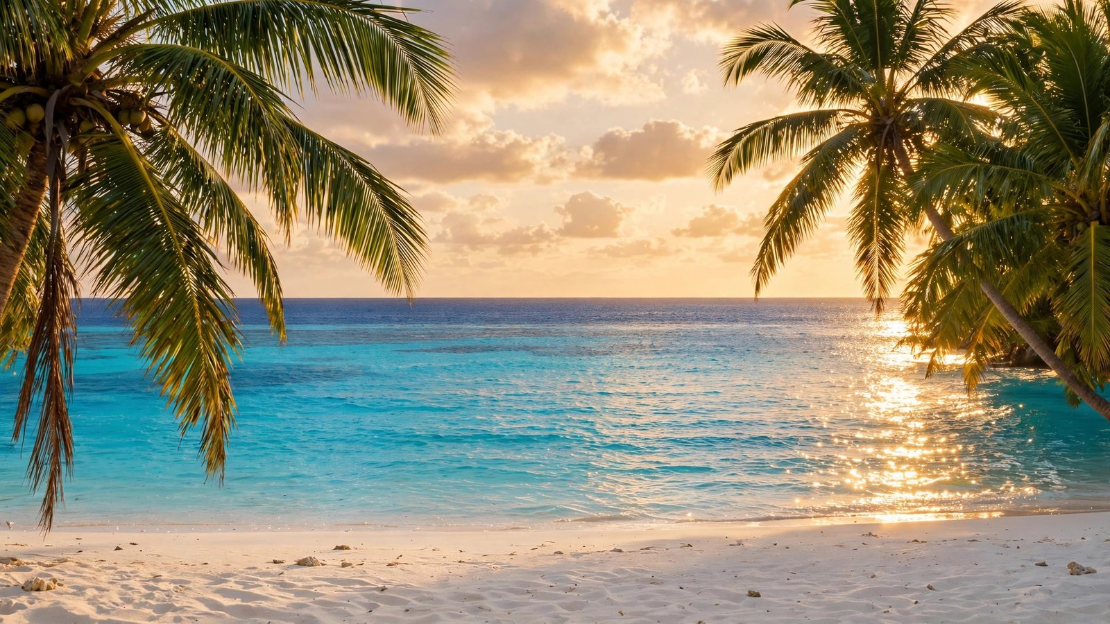 Tropical beach with palm trees and turquoise water glowing under warm November sunlight