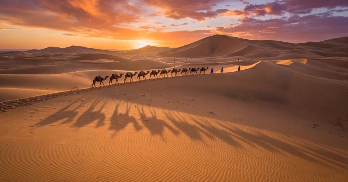 Camel caravan crossing Sahara dunes at sunset near Merzouga, Morocco