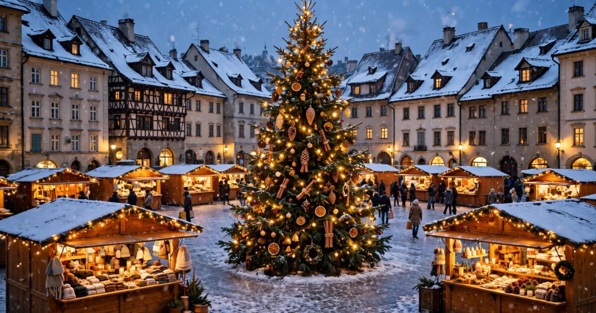 Snowy European Christmas market square at dusk with glowing wooden stalls and falling snow