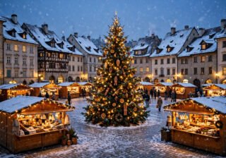 Snowy European Christmas market square at dusk with glowing wooden stalls and falling snow