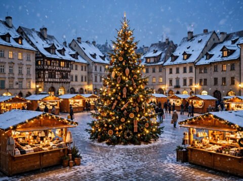 Snowy European Christmas market square at dusk with glowing wooden stalls and falling snow